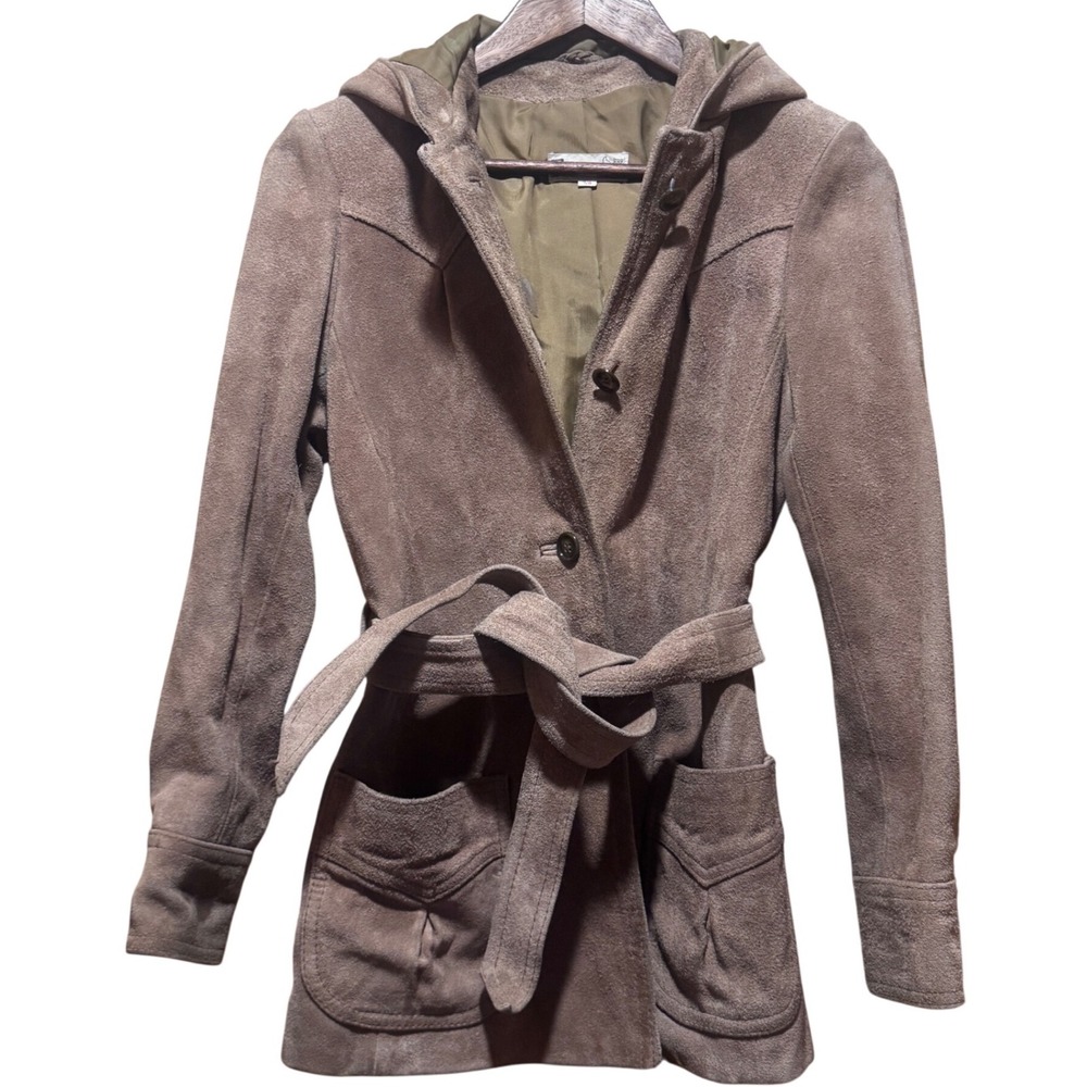 Vintage Foxmoor Casuals Suede Hooded Belted Jacket Western 70s Boho Size XXS